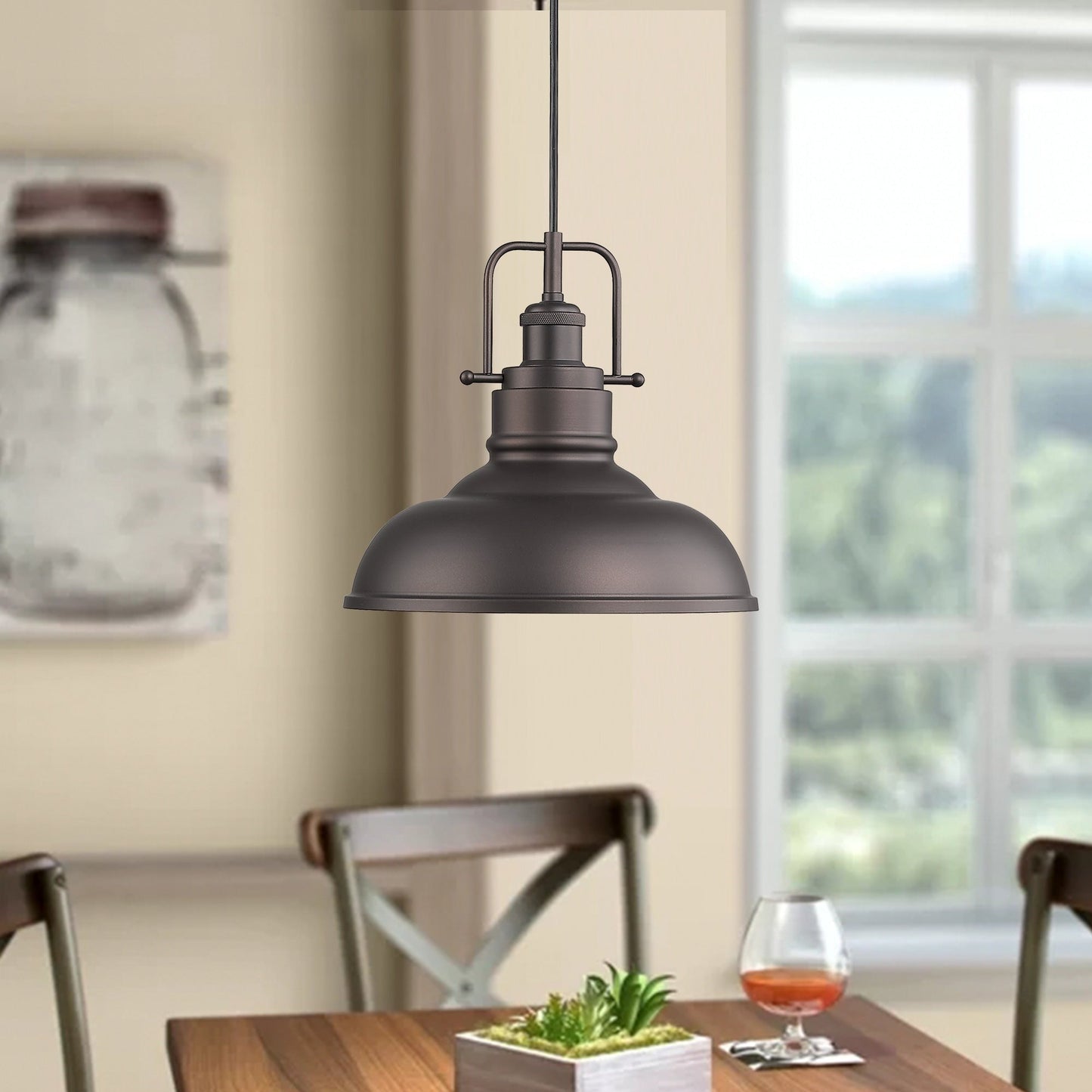 Lampada a sospensione a cupola in metallo stile fattoria industriale a 1 luce, finitura bronzo oliato