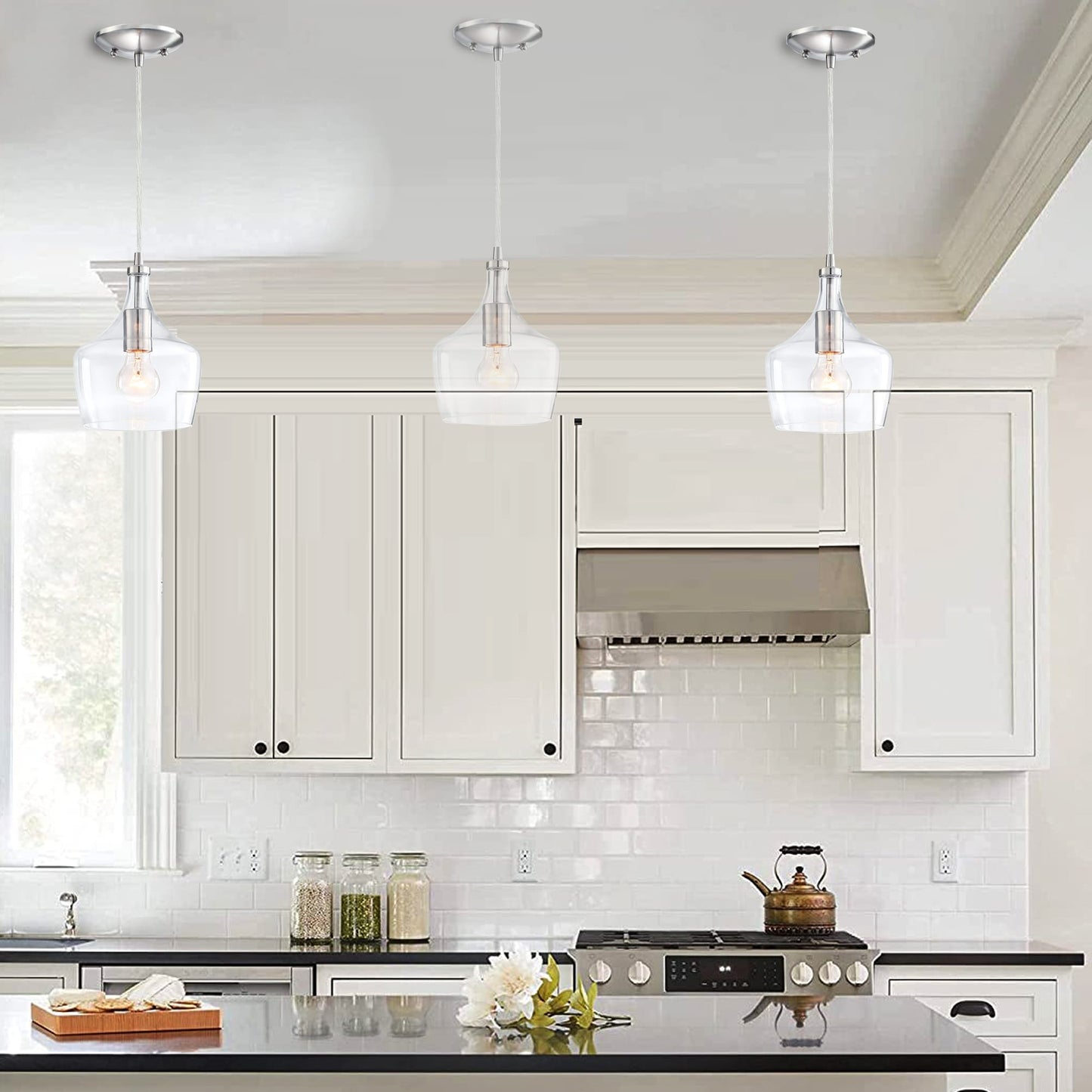 Lampadario a sospensione in vetro trasparente a forma di goccia per isola da cucina (è possibile scegliere tra 1 o 3 confezioni)