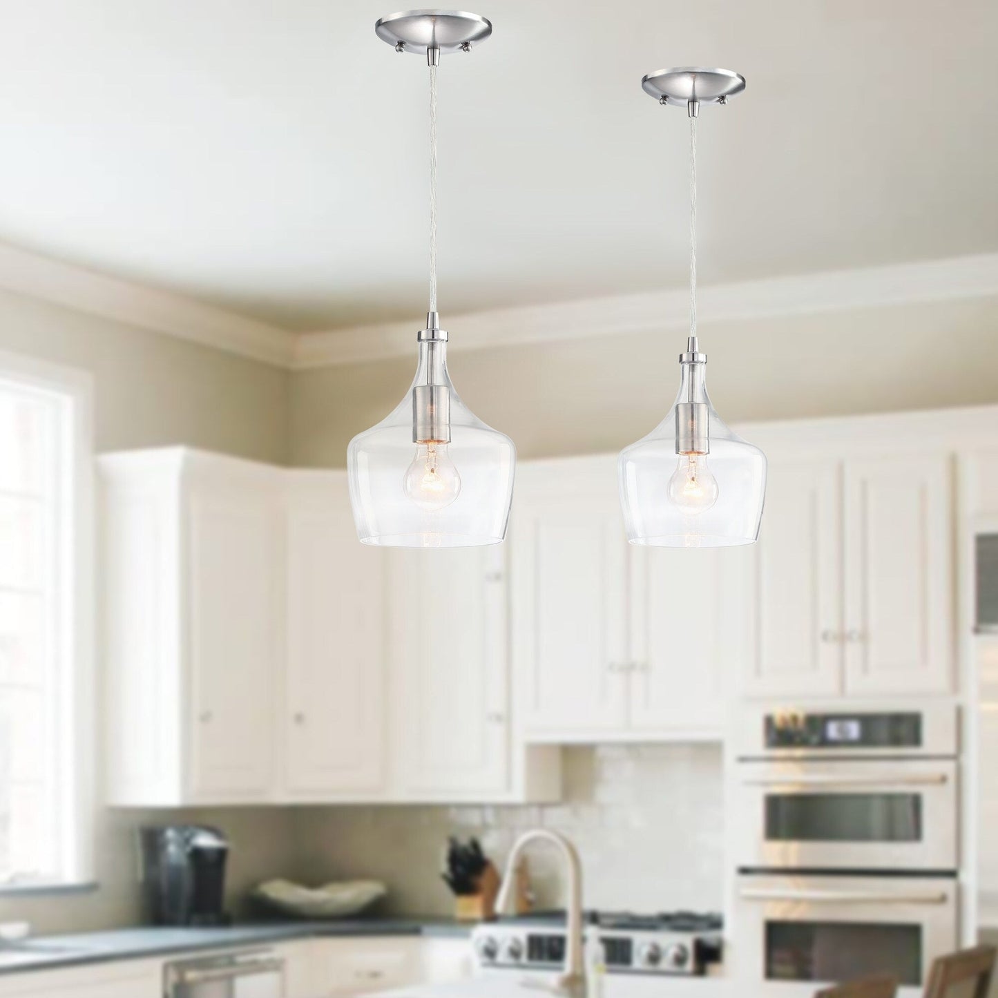 Lampadario a sospensione in vetro trasparente a forma di goccia per isola da cucina (è possibile scegliere tra 1 o 3 confezioni)