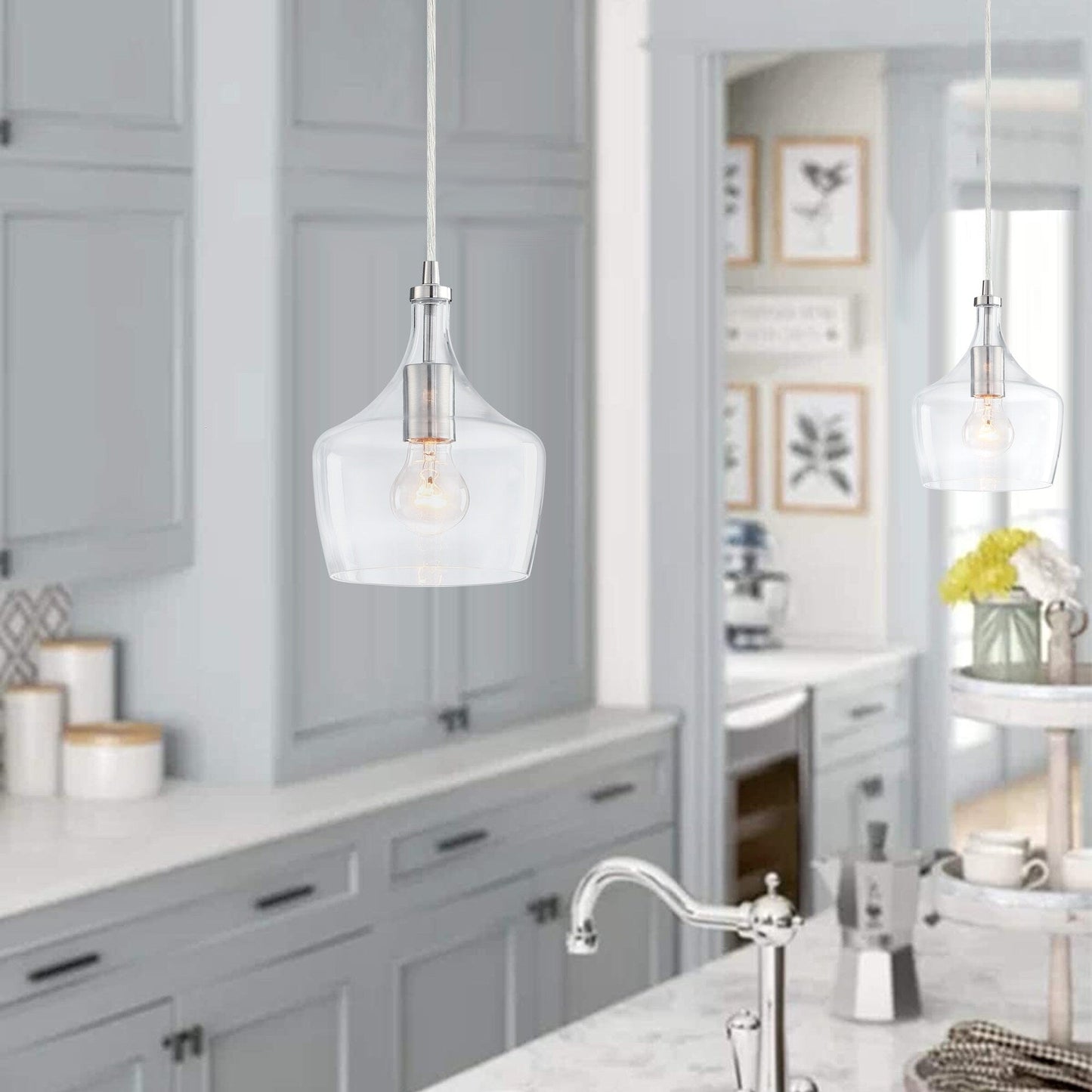 Lampadario a sospensione in vetro trasparente a forma di goccia per isola da cucina (è possibile scegliere tra 1 o 3 confezioni)