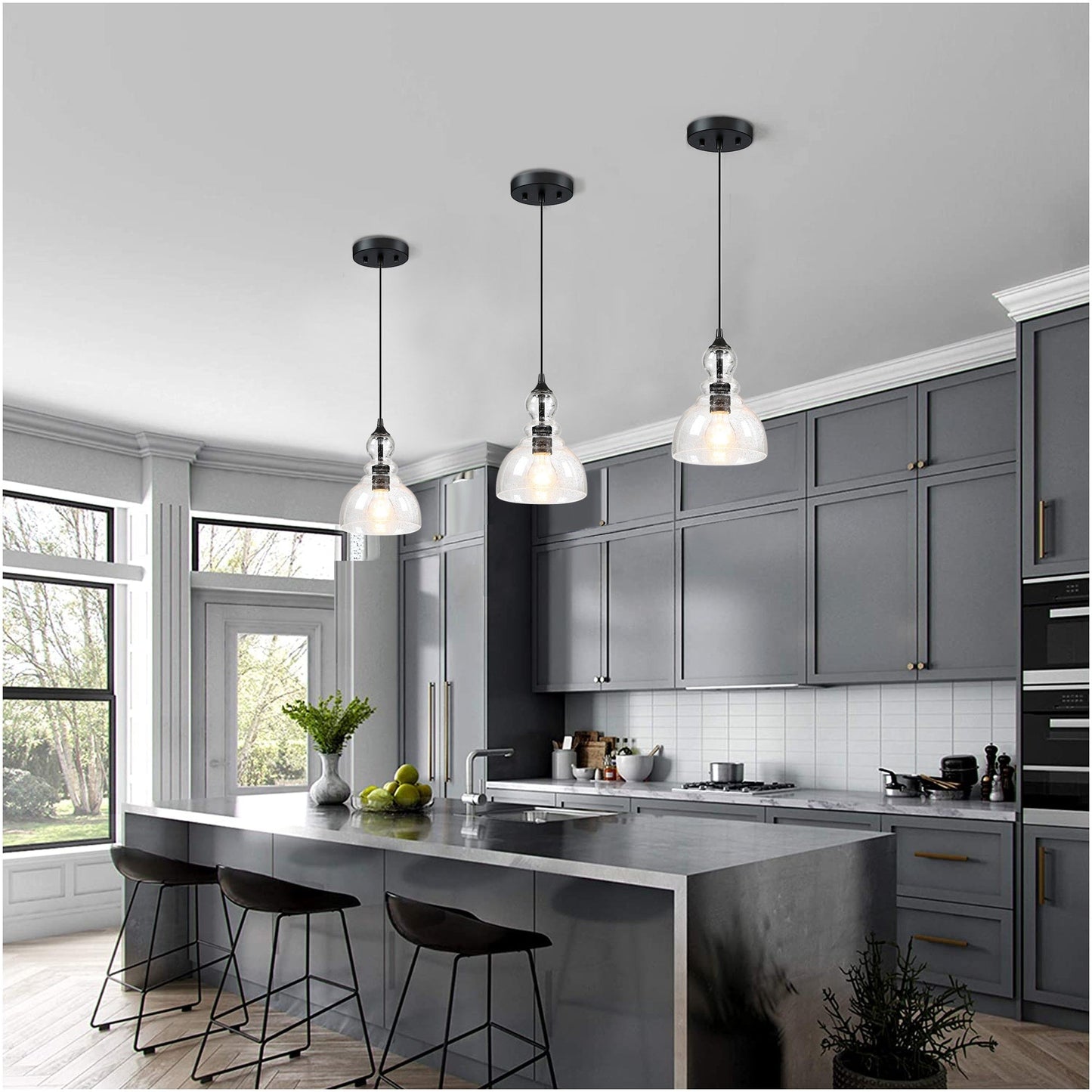Lampadario a sospensione in vetro con semi a goccia per isola da cucina con 1 luce e finitura nera, confezione da 3