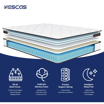 Materasso Pillow Top da 10 pollici per letto singolo/matrimoniale/queen size, materasso ibrido in memory foam e molle insacchettate