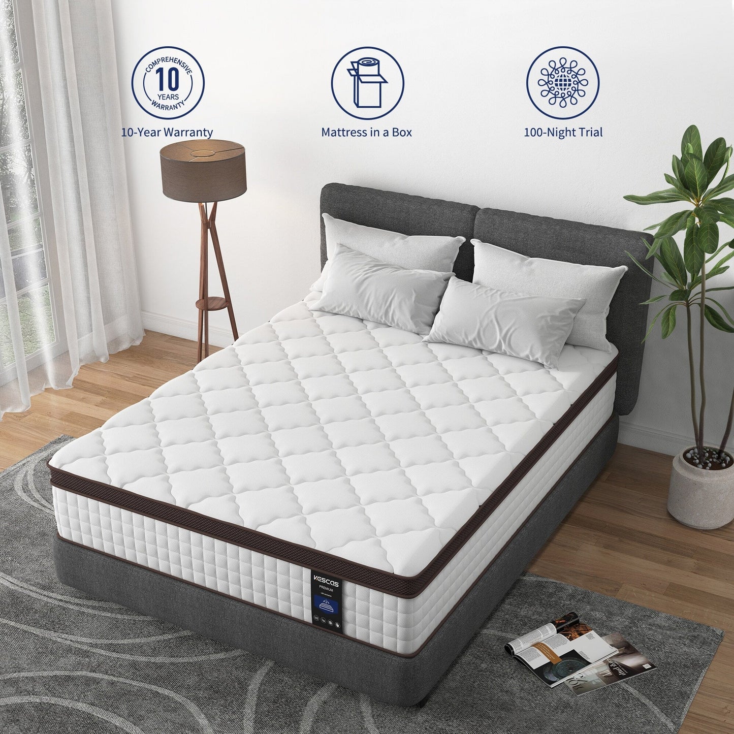 Materasso Pillow Top da 10 pollici per letto singolo/matrimoniale/queen size, materasso ibrido in memory foam e molle insacchettate