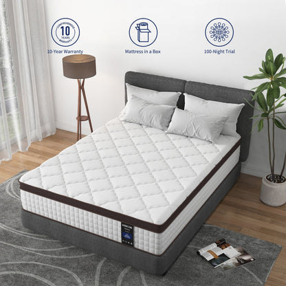 Materasso Pillow Top da 10 pollici per letto singolo/matrimoniale/queen size, materasso ibrido in memory foam e molle insacchettate