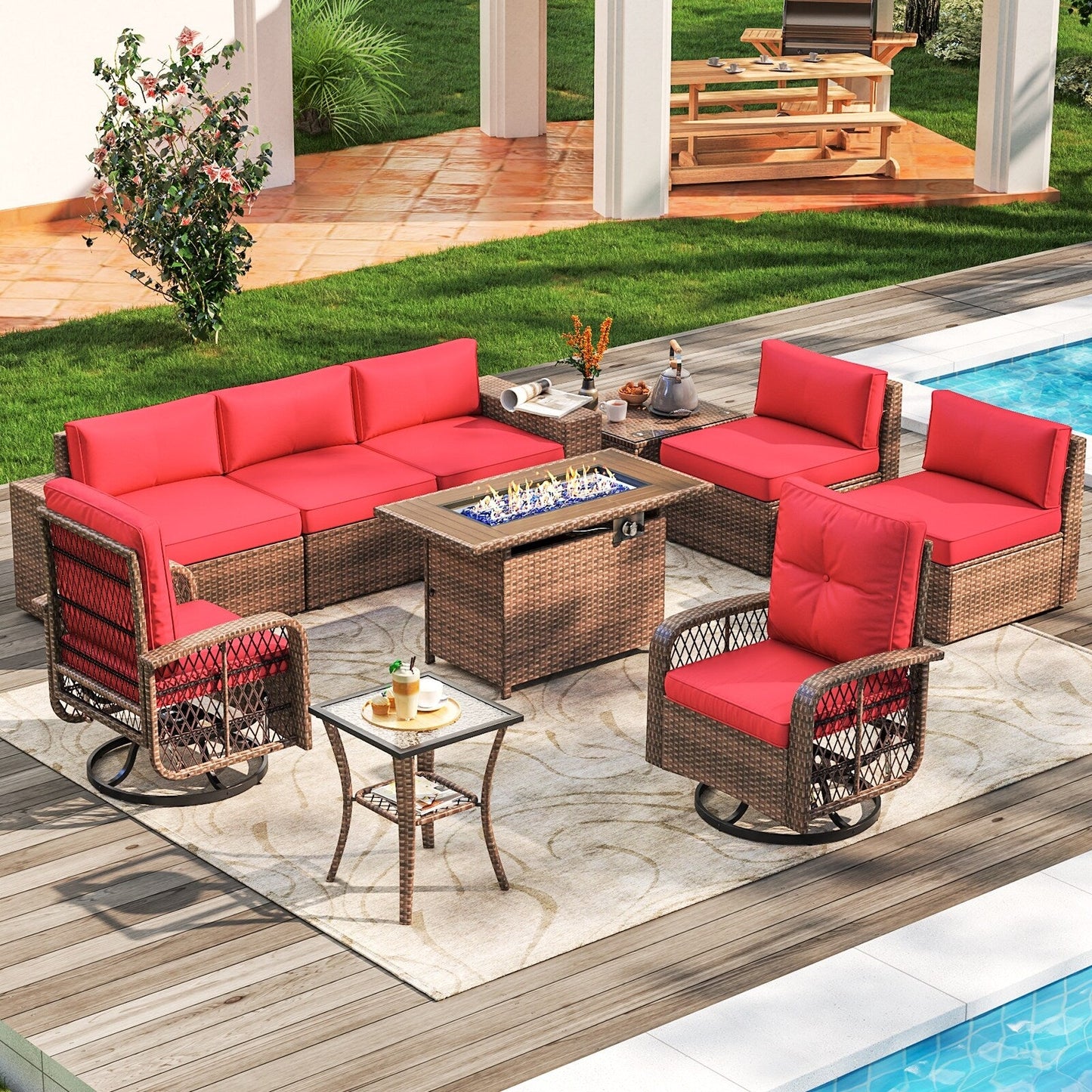 Set di 10 mobili da giardino con tavolo con braciere