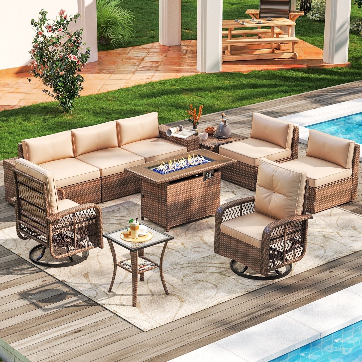 Set di 10 mobili da giardino con tavolo con braciere
