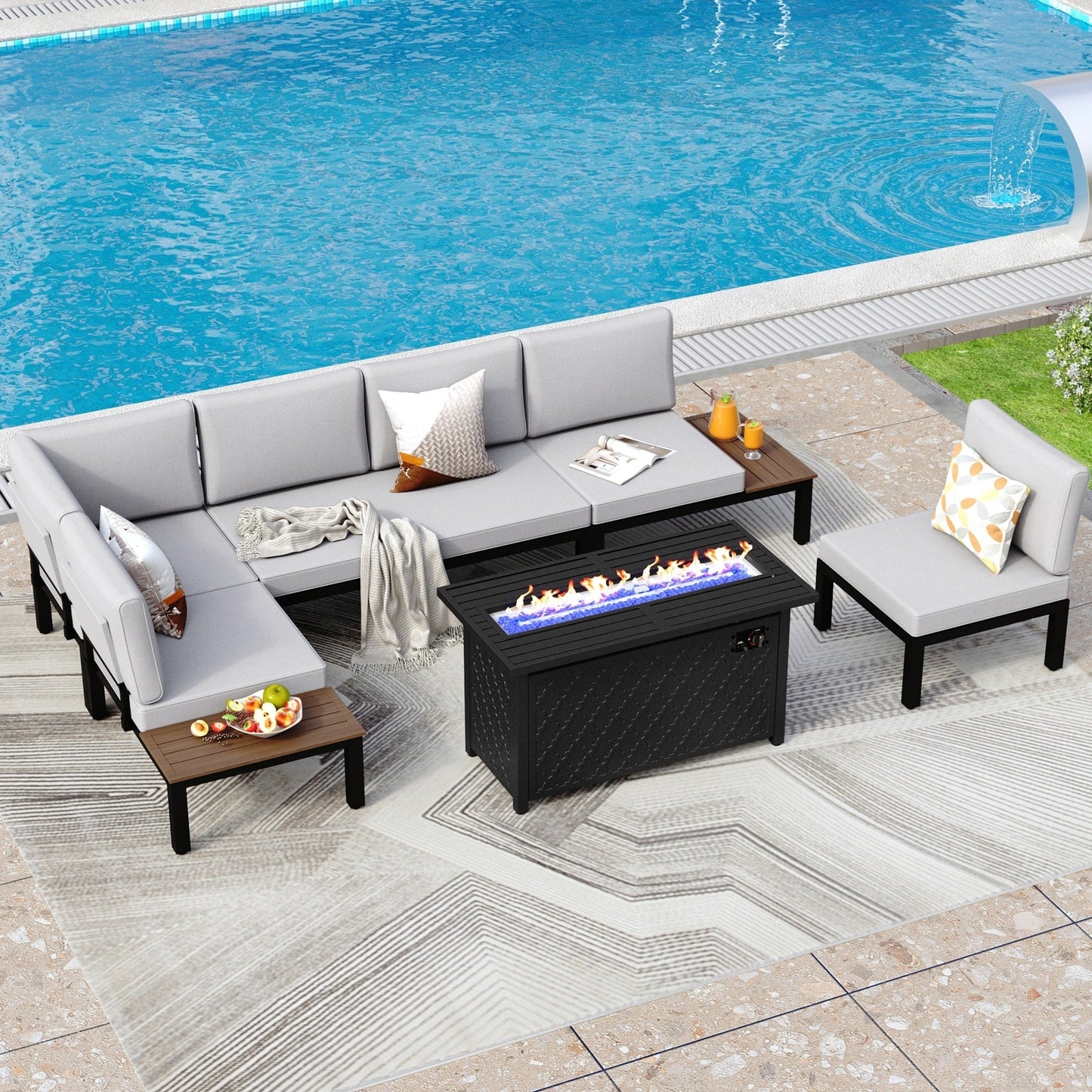 Set di divani componibili da giardino da 10 posti, struttura in acciaio con rivestimento E, set da conversazione con tavolino laterale incorporato, cuscino grigio