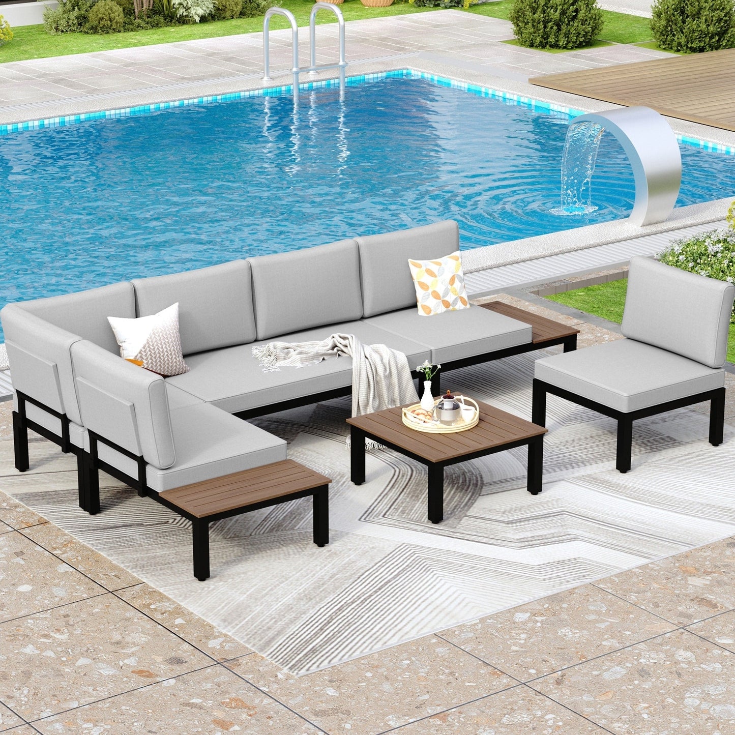 Set di divani componibili da giardino da 10 posti, struttura in acciaio con rivestimento E, set da conversazione con tavolino laterale incorporato, cuscino grigio