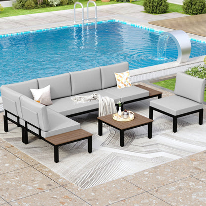 Set di divani componibili da giardino da 10 posti, struttura in acciaio con rivestimento E, set da conversazione con tavolino laterale incorporato, cuscino grigio