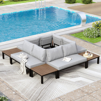 Set di divani componibili da giardino da 10 posti, struttura in acciaio con rivestimento E, set da conversazione con tavolino laterale incorporato, cuscino grigio