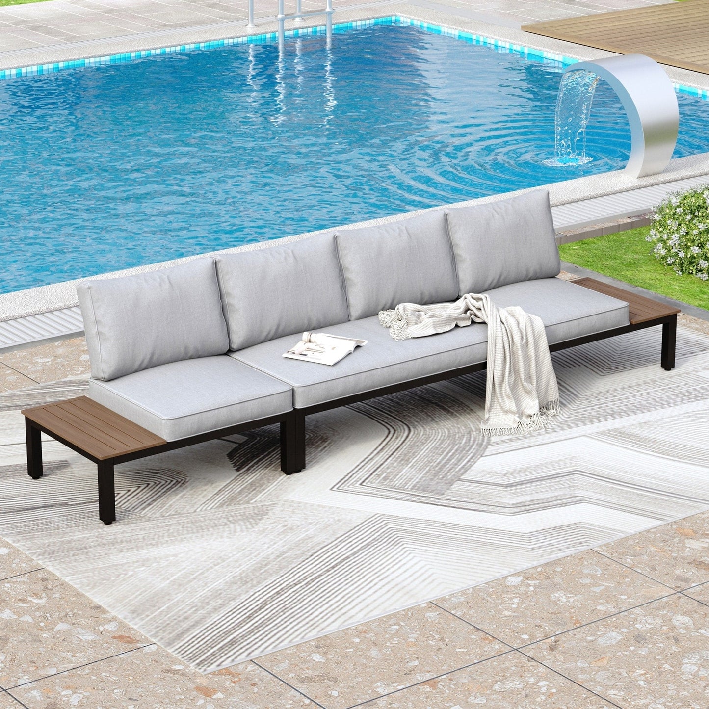 Set di divani componibili da giardino da 10 posti, struttura in acciaio con rivestimento E, set da conversazione con tavolino laterale incorporato, cuscino grigio