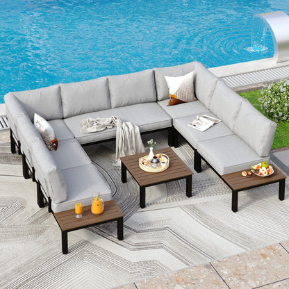 Set di divani componibili da giardino da 10 posti, struttura in acciaio con rivestimento E, set da conversazione con tavolino laterale incorporato, cuscino grigio