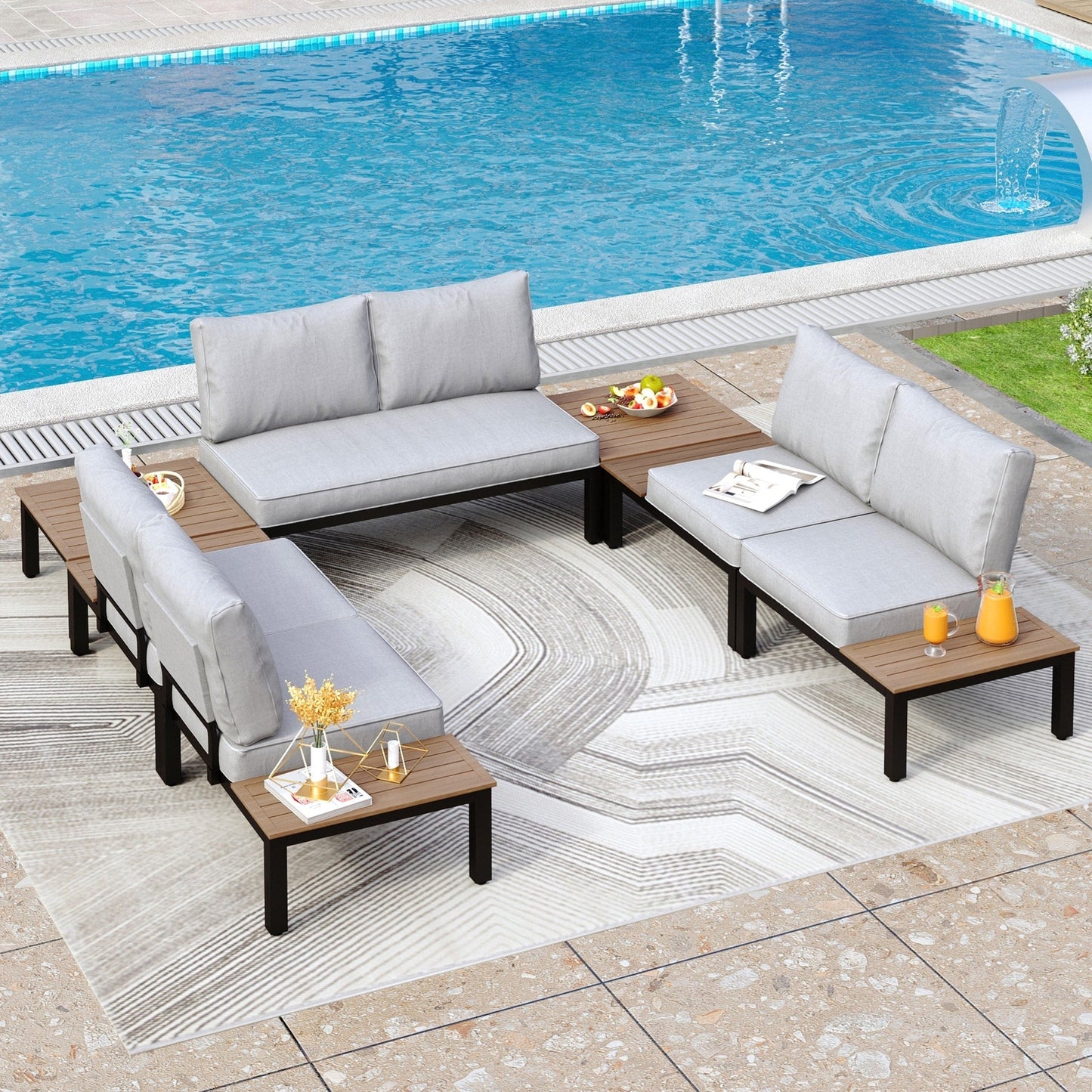 Set di divani componibili da giardino da 10 posti, struttura in acciaio con rivestimento E, set da conversazione con tavolino laterale incorporato, cuscino grigio