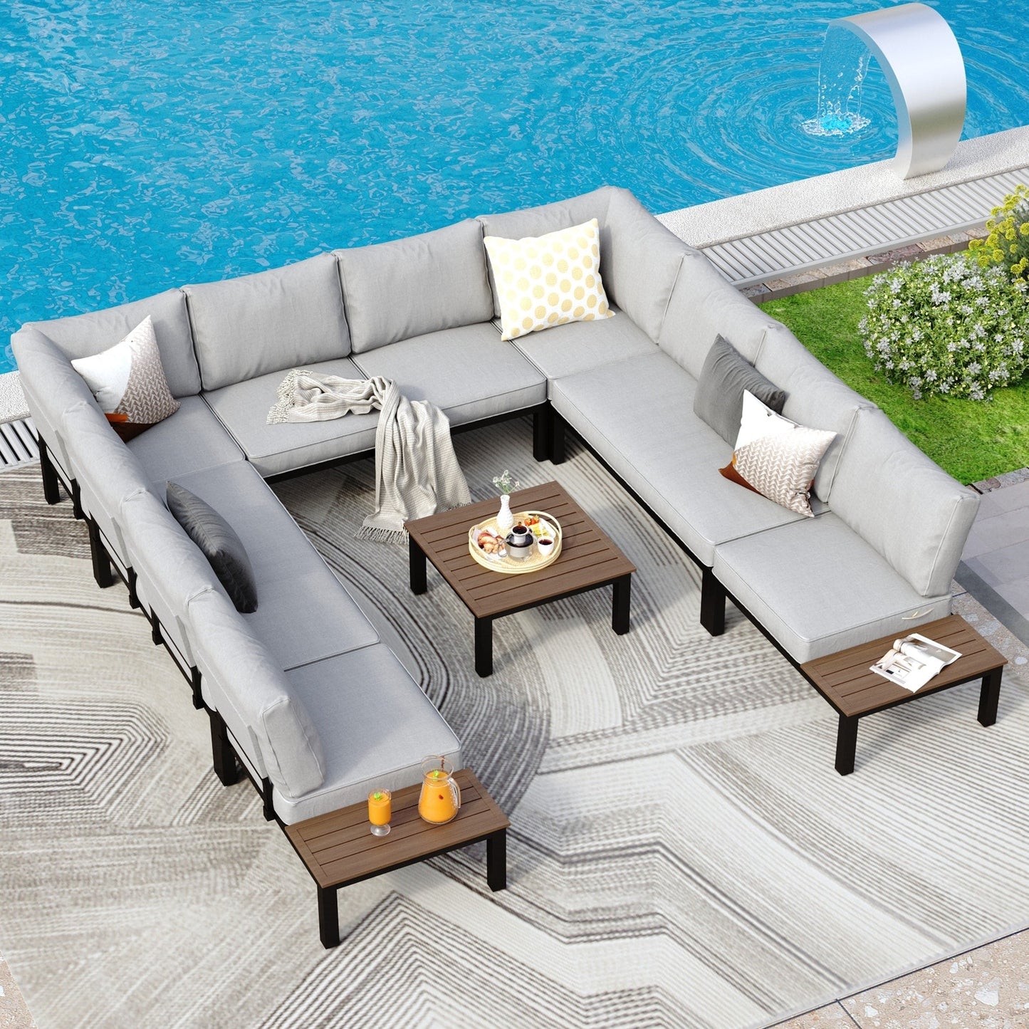 Set di divani componibili da giardino da 10 posti, struttura in acciaio con rivestimento E, set da conversazione con tavolino laterale incorporato, cuscino grigio