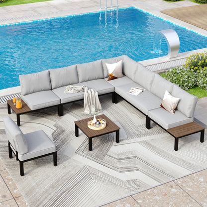 Set di divani componibili da giardino da 10 posti, struttura in acciaio con rivestimento E, set da conversazione con tavolino laterale incorporato, cuscino grigio