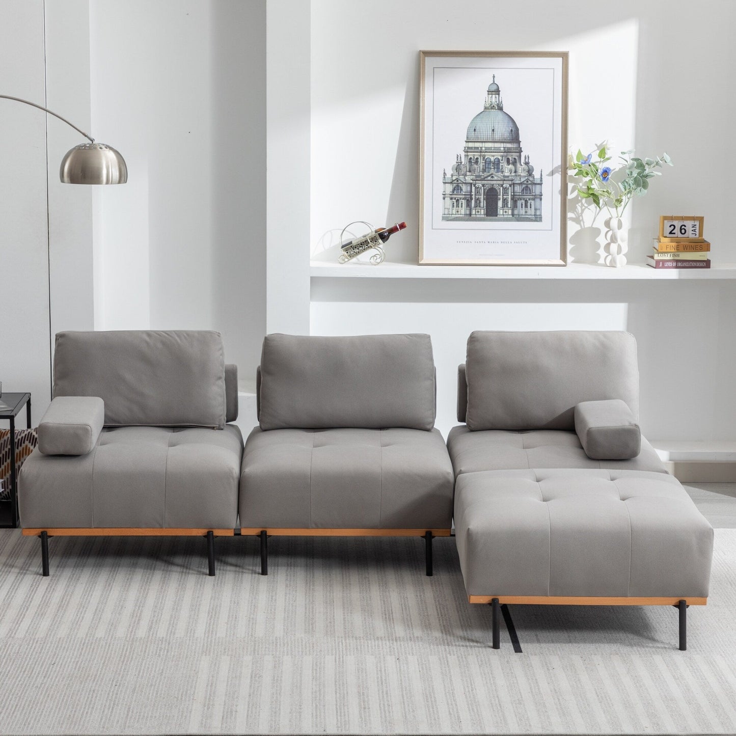Divano a L in tessuto da 100,7'' con pouf mobile e gambe in metallo