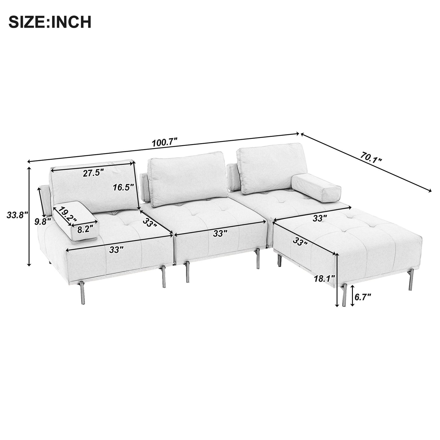 Divano a L in tessuto da 100,7'' con pouf mobile e gambe in metallo