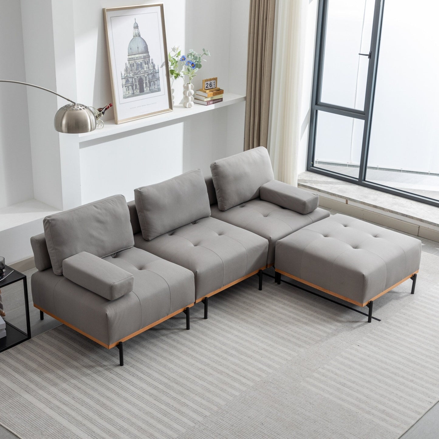 Divano a L in tessuto da 100,7'' con pouf mobile e gambe in metallo