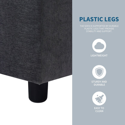 Divano componibile a L in poliestere 102.4 con poggiapiedi reversibile, cuscini spessi e gambe in plastica resistente