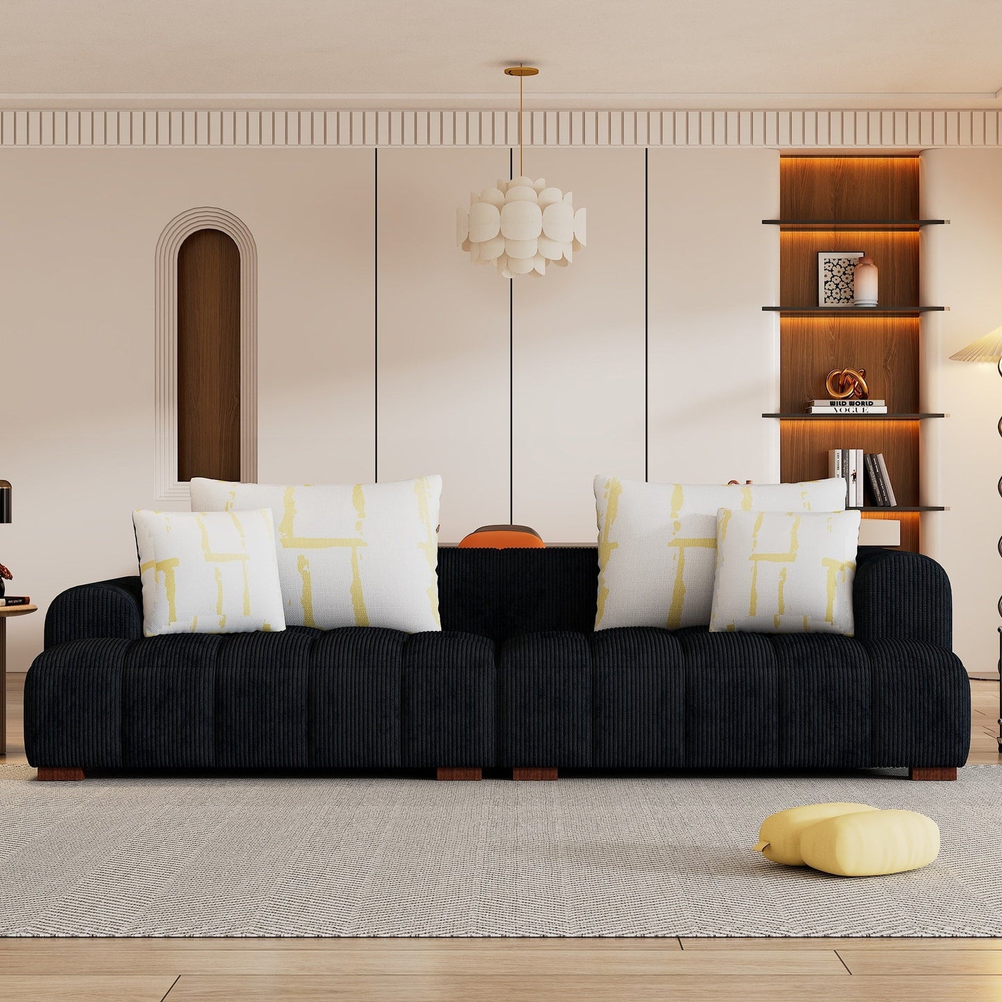 Comodo divano imbottito in velluto a coste con gambe in legno e cuscini - 38,50 x 103,90 x 25,10