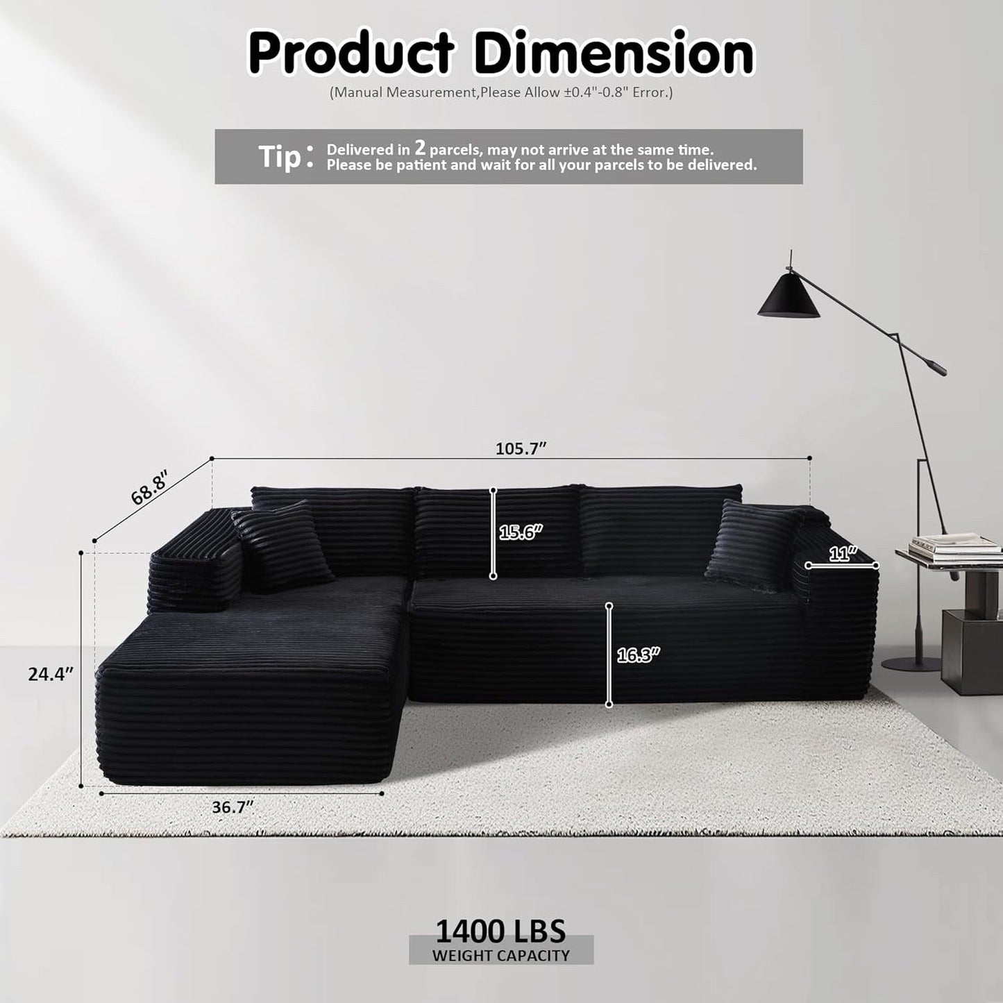 Divano componibile a forma di L 104 - Divano modulare con seduta profonda per soggiorno e camera da letto, senza montaggio