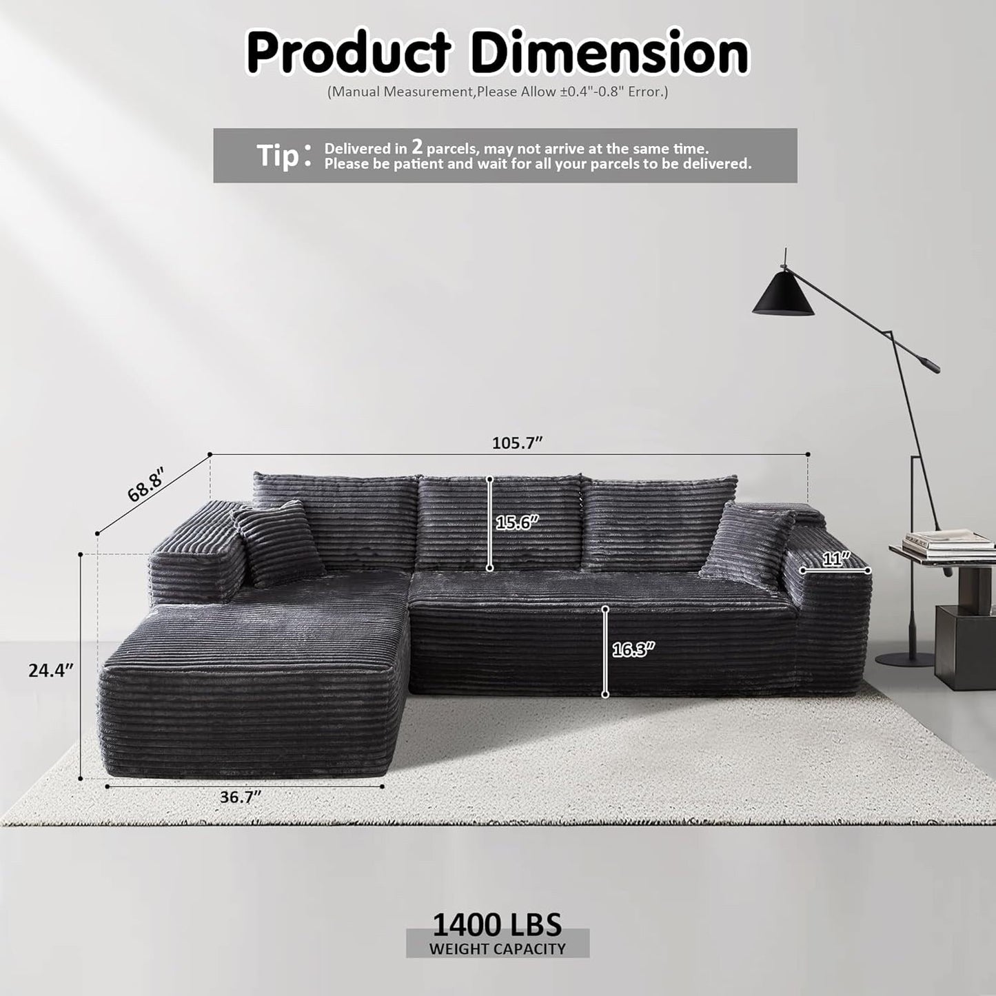 Divano componibile a forma di L 104 - Divano modulare con seduta profonda per soggiorno e camera da letto, senza montaggio