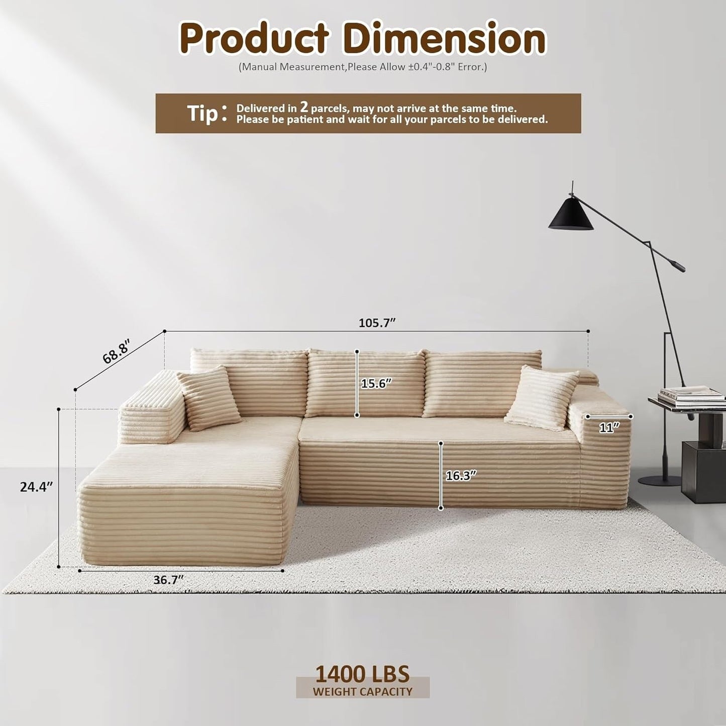 Divano componibile a forma di L 104 - Divano modulare con seduta profonda per soggiorno e camera da letto, senza montaggio