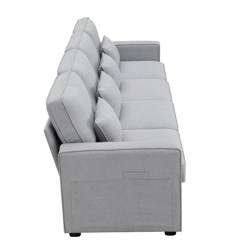 Divano imbottito 104 con tasche sui braccioli e 4 cuscini, divano moderno in tessuto di lino a 4 posti, divani in stile minimalista