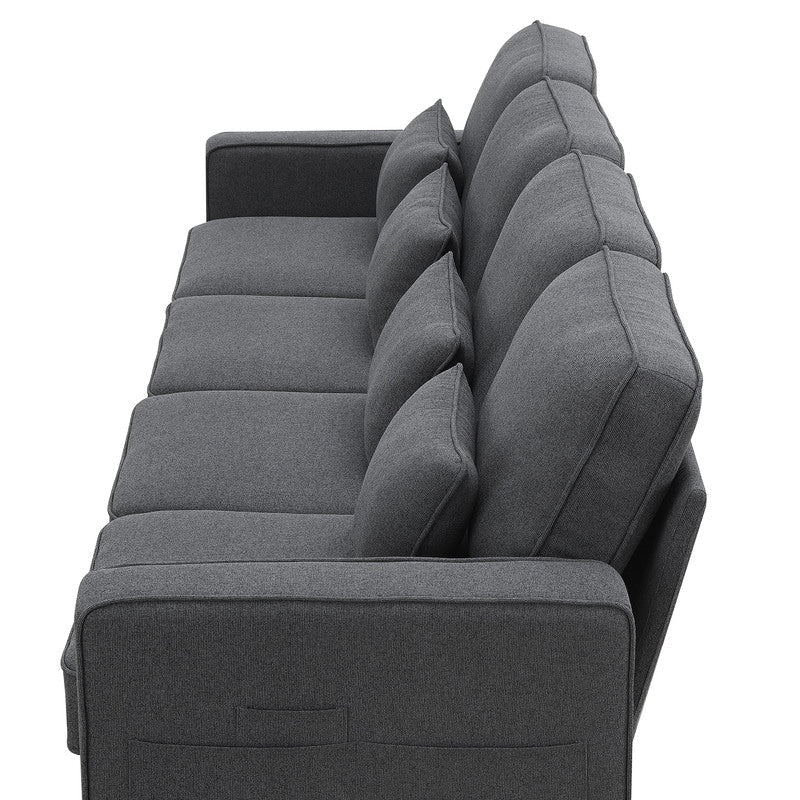 Divano imbottito 104 con tasche sui braccioli e 4 cuscini, divano moderno in tessuto di lino a 4 posti, divani in stile minimalista
