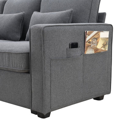 Divano imbottito 104 con tasche sui braccioli e 4 cuscini, divano moderno in tessuto di lino a 4 posti, divani in stile minimalista
