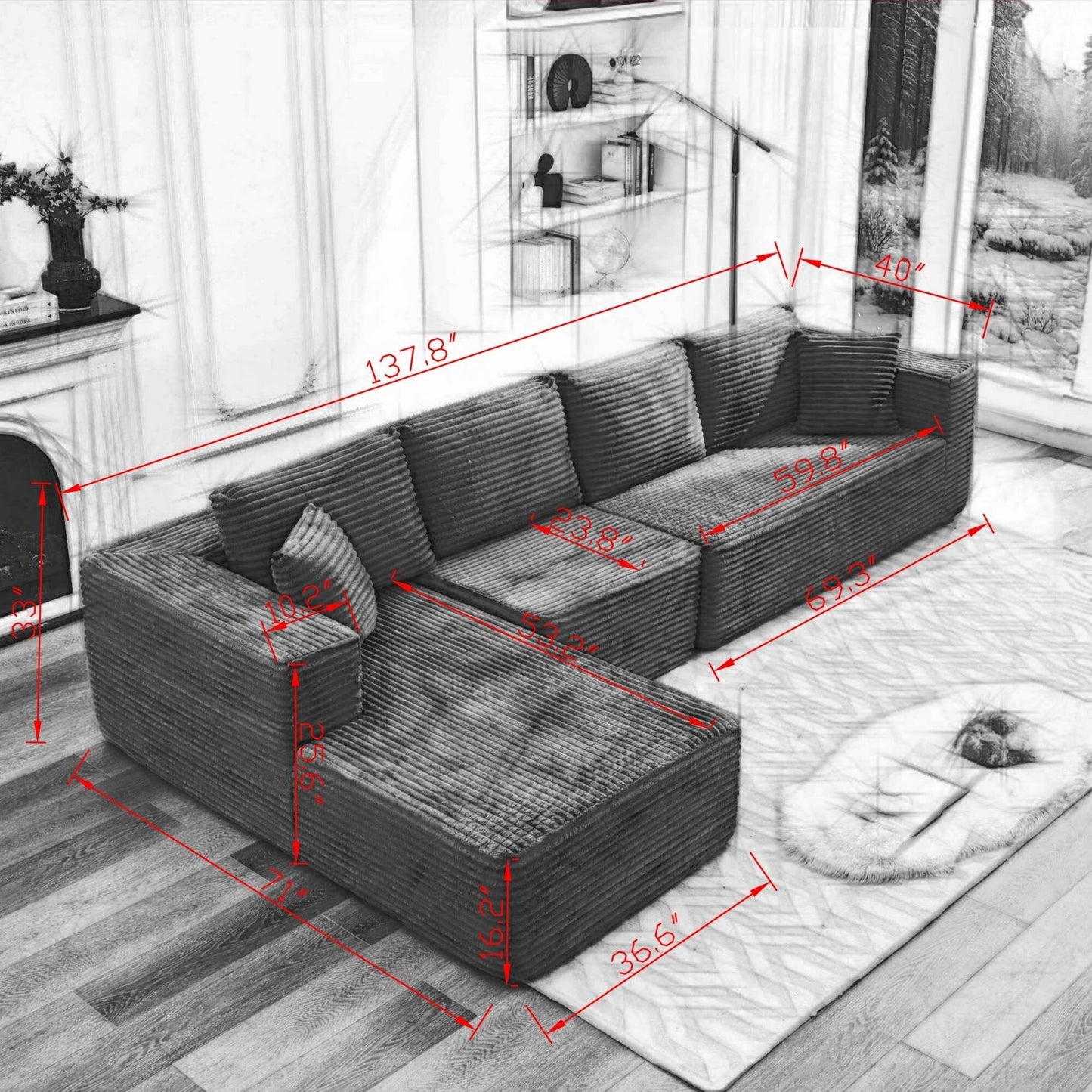 Divano componibile 106 Cloud a forma di L con chaise longue rivolta a sinistra, divano modulare moderno con seduta profonda per soggiorno, non richiede montaggio