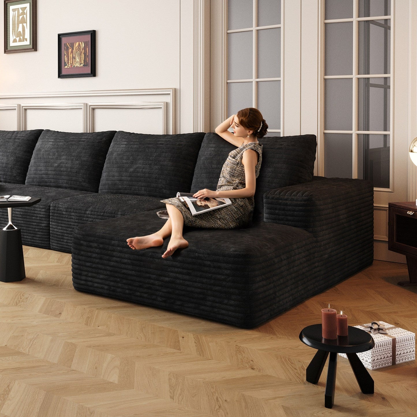 Divano componibile modulare in velluto a coste da 107 pollici con chaise longue e seduta profonda per soggiorno, camera da letto