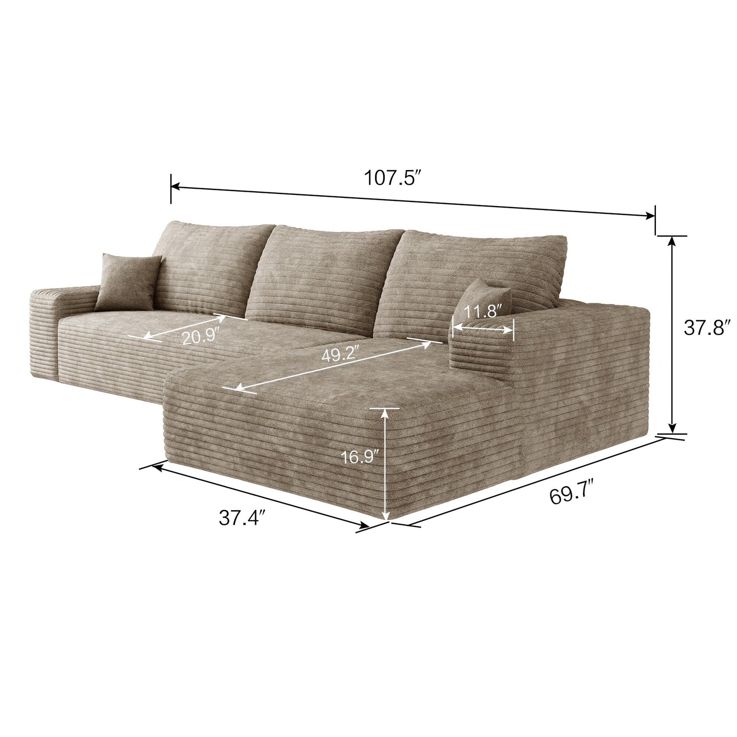 Divano componibile modulare in velluto a coste da 107 pollici con chaise longue e seduta profonda per soggiorno, camera da letto