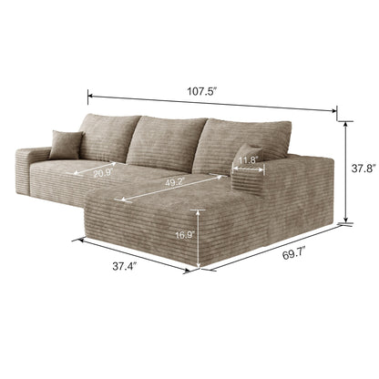 Divano componibile modulare in velluto a coste da 107 pollici con chaise longue e seduta profonda per soggiorno, camera da letto