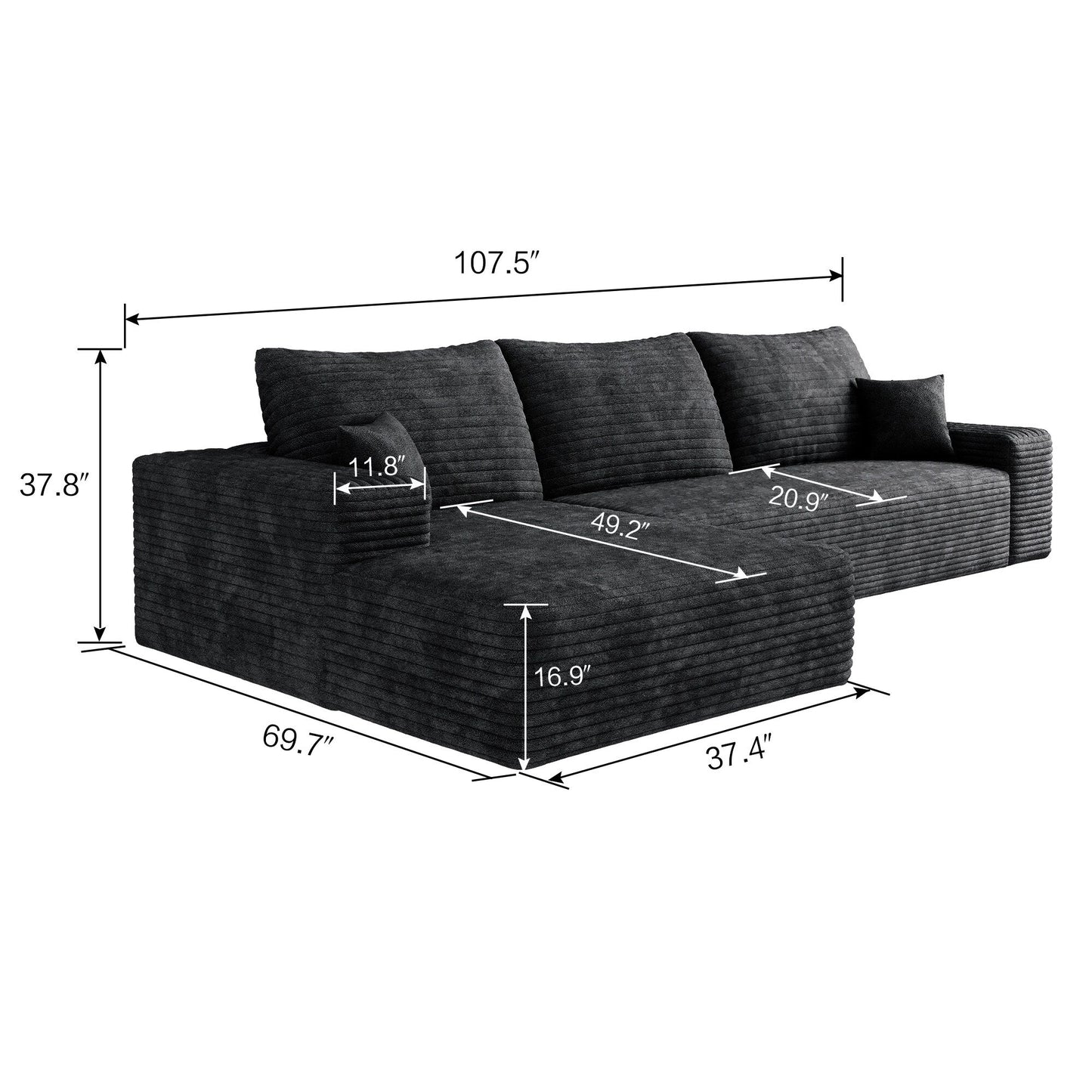 Divano componibile modulare in velluto a coste da 107 pollici con chaise longue e seduta profonda per soggiorno, camera da letto