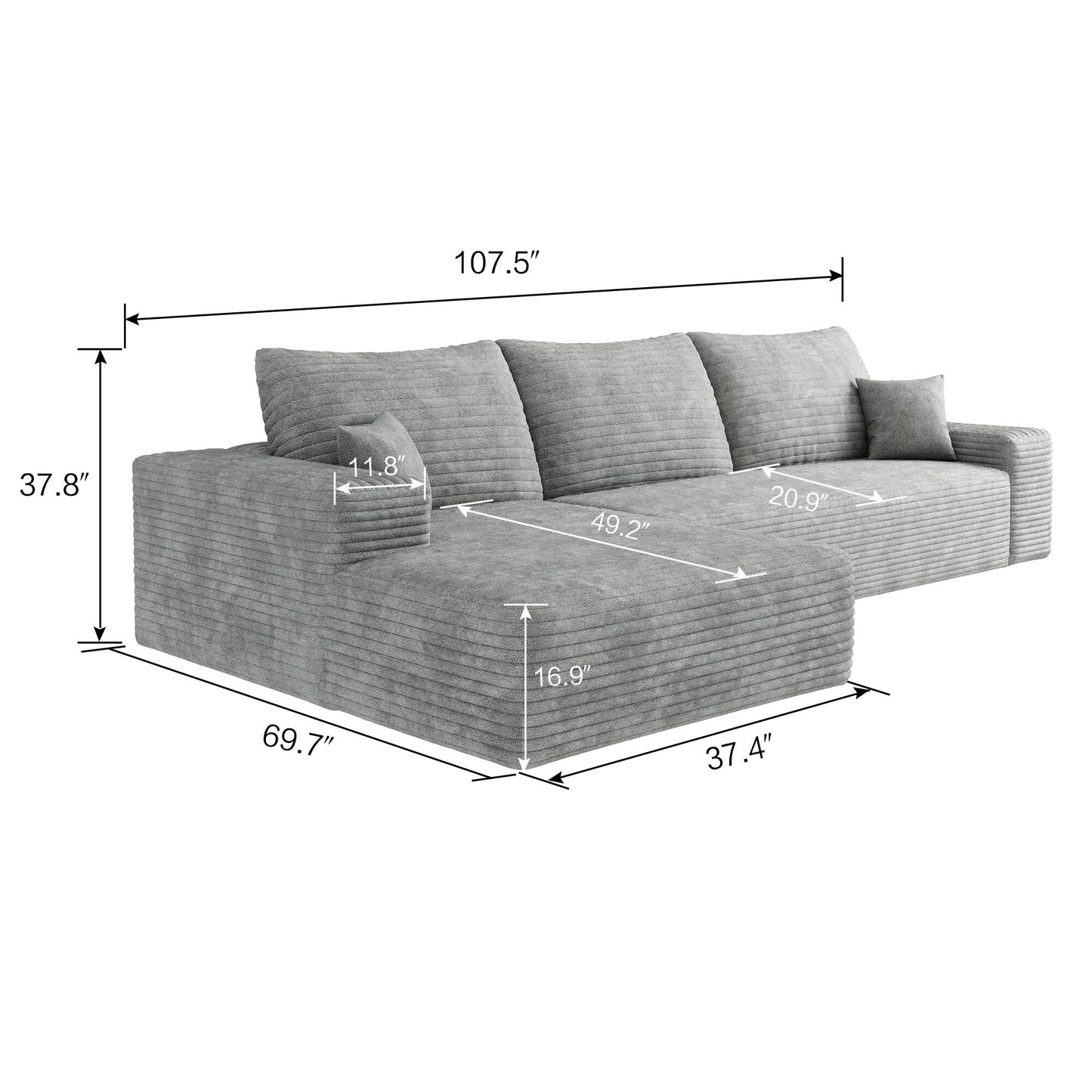 Divano componibile modulare in velluto a coste da 107 pollici con chaise longue e seduta profonda per soggiorno, camera da letto
