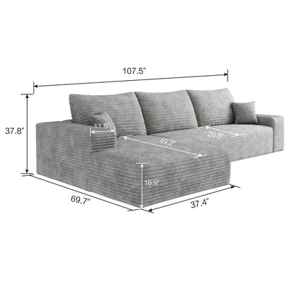 Divano componibile modulare in velluto a coste da 107 pollici con chaise longue e seduta profonda per soggiorno, camera da letto