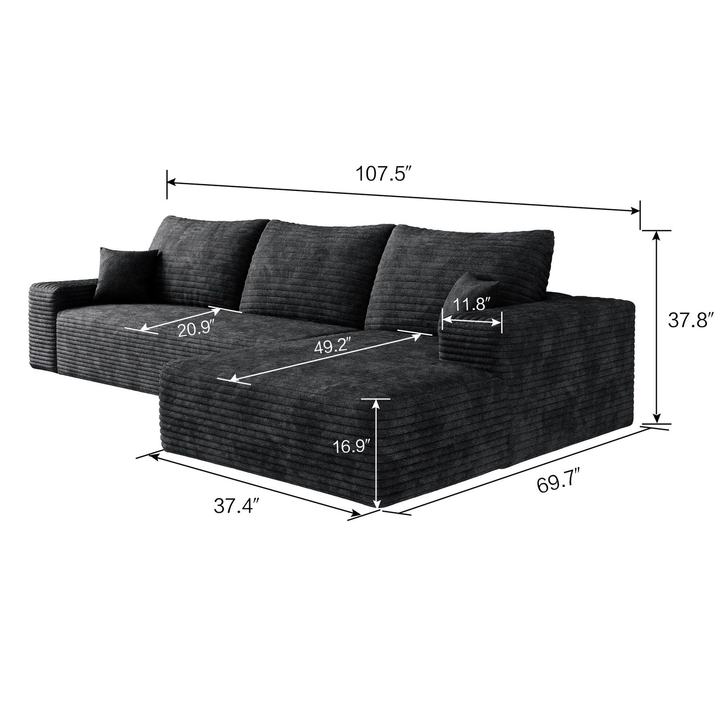 Divano componibile modulare in velluto a coste da 107 pollici con chaise longue e seduta profonda per soggiorno, camera da letto