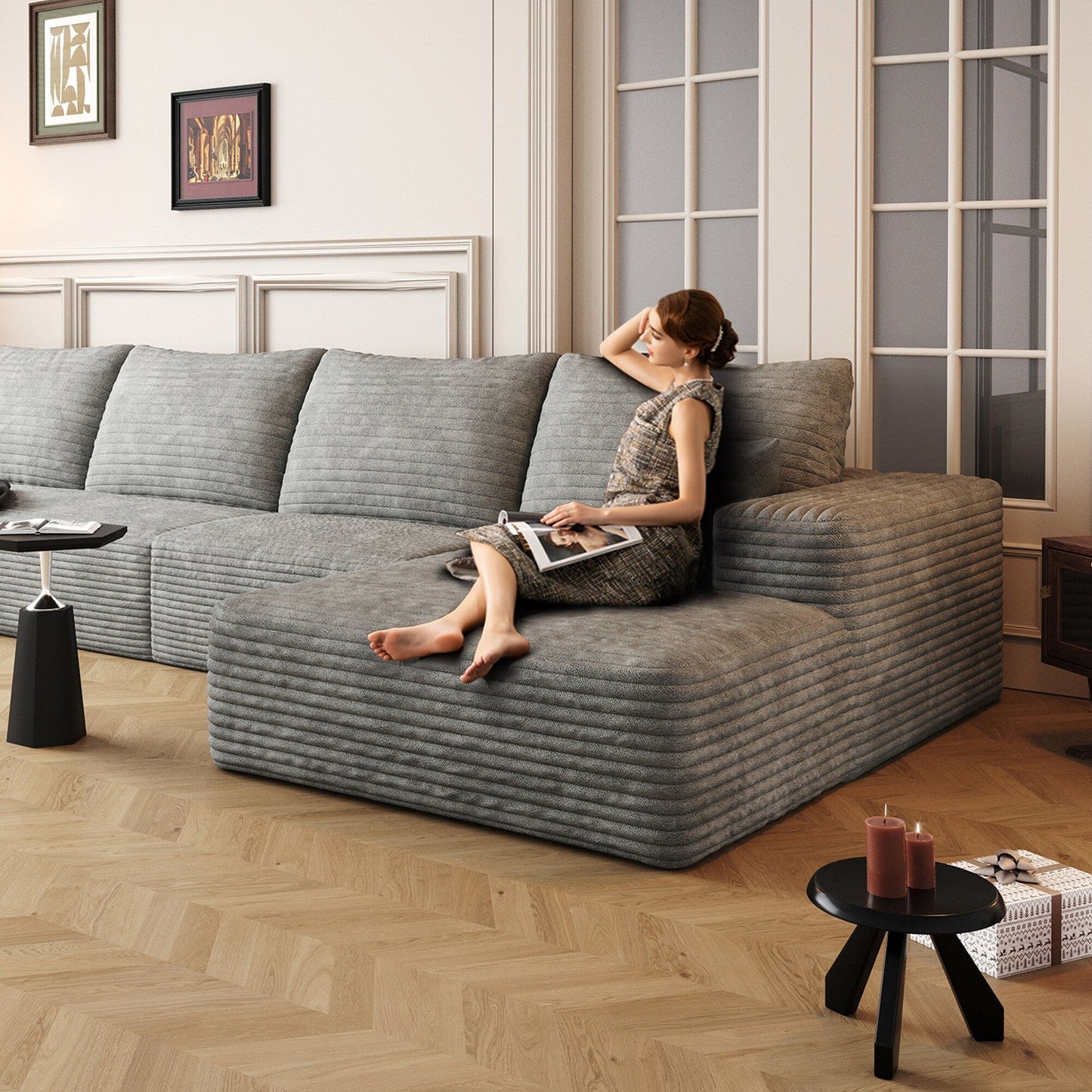 Divano componibile modulare in velluto a coste da 107 pollici con chaise longue e seduta profonda per soggiorno, camera da letto