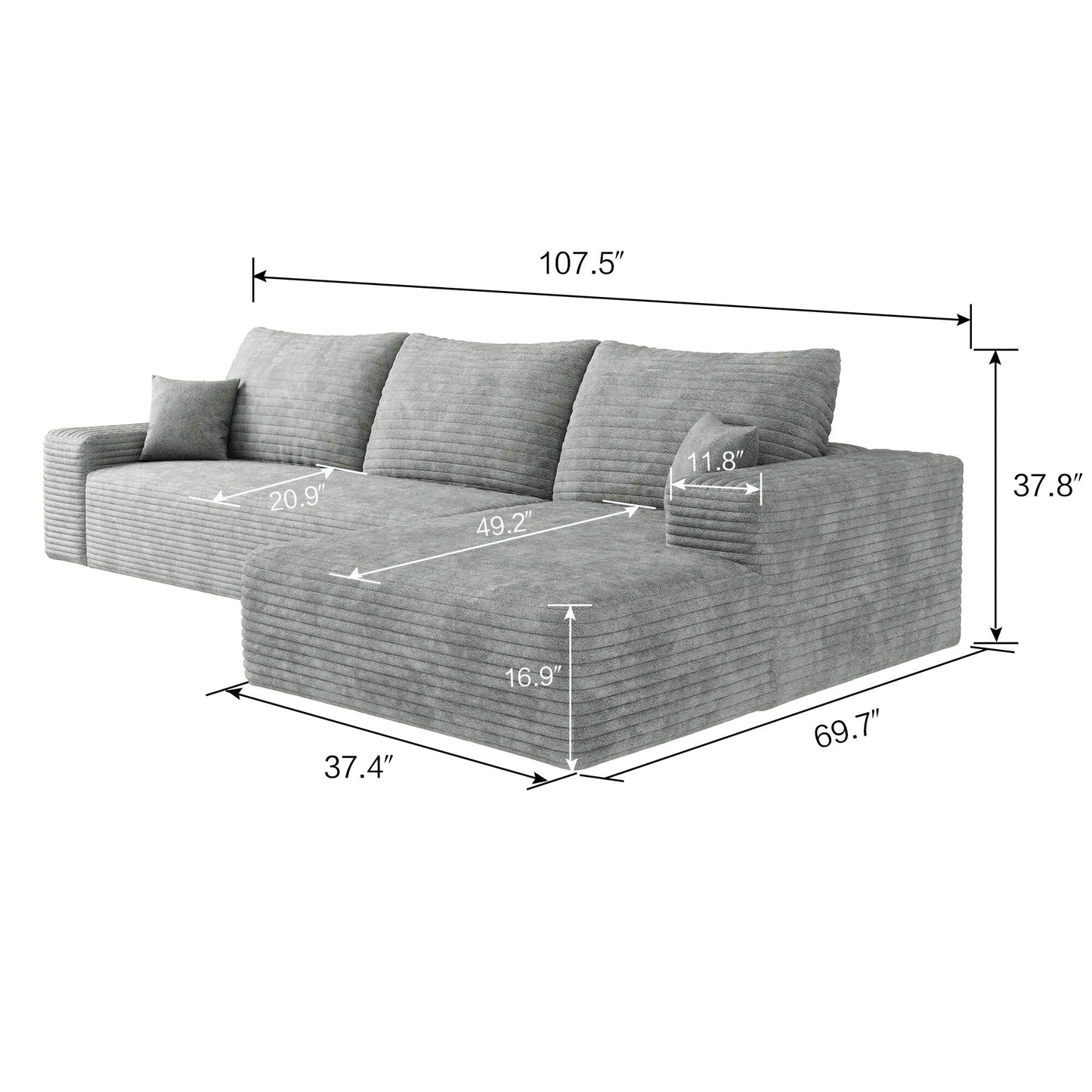 Divano componibile modulare in velluto a coste da 107 pollici con chaise longue e seduta profonda per soggiorno, camera da letto