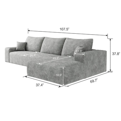 Divano componibile modulare in velluto a coste da 107 pollici con chaise longue e seduta profonda per soggiorno, camera da letto
