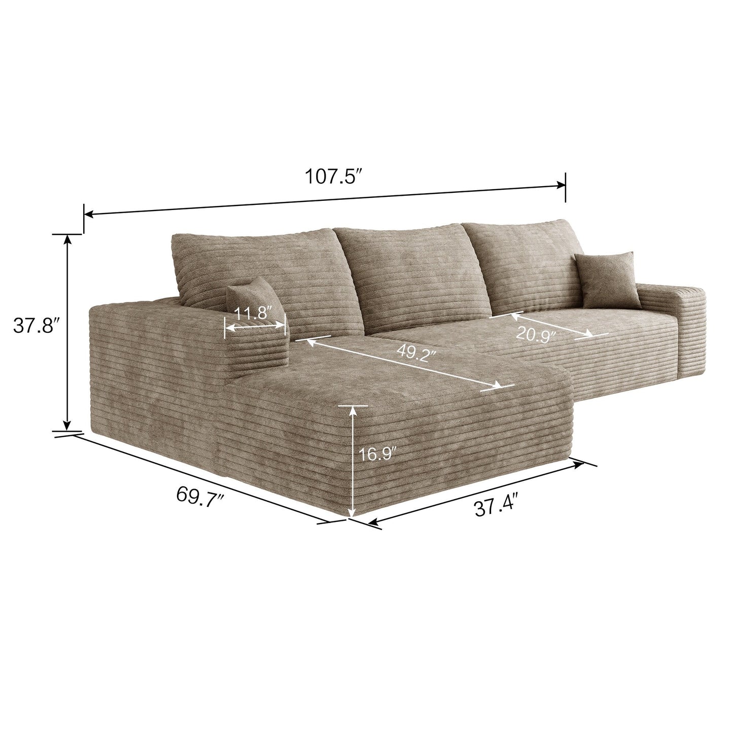 Divano componibile modulare in velluto a coste da 107 pollici con chaise longue e seduta profonda per soggiorno, camera da letto