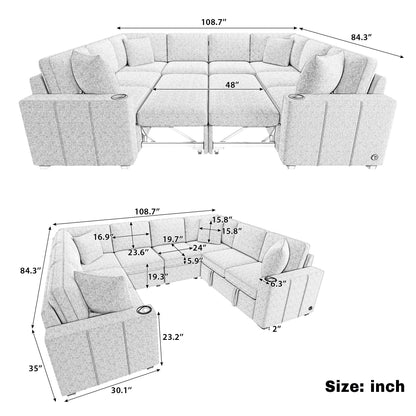 Divano componibile modulare a forma di U da 108 pollici con divano letto estraibile, porte USB e doppio portabicchieri per soggiorno