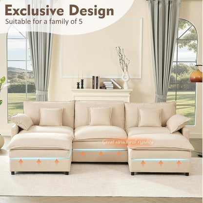 Divano componibile modulare a L 108 - Divano a nuvola a 3 posti con pouf mobile e seduta profonda, tessuto in lino beige