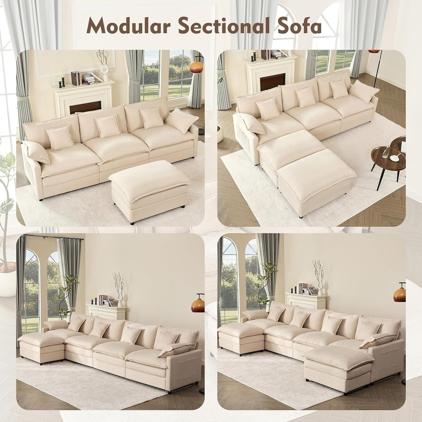 Divano componibile modulare a L 108 - Divano a nuvola a 3 posti con pouf mobile e seduta profonda, tessuto in lino beige