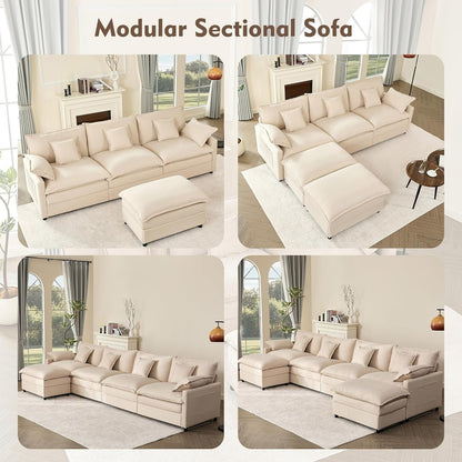 Divano componibile modulare a L 108 - Divano a nuvola a 3 posti con pouf mobile e seduta profonda, tessuto in lino beige