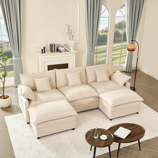 Divano componibile modulare a L 108 - Divano a nuvola a 3 posti con pouf mobile e seduta profonda, tessuto in lino beige