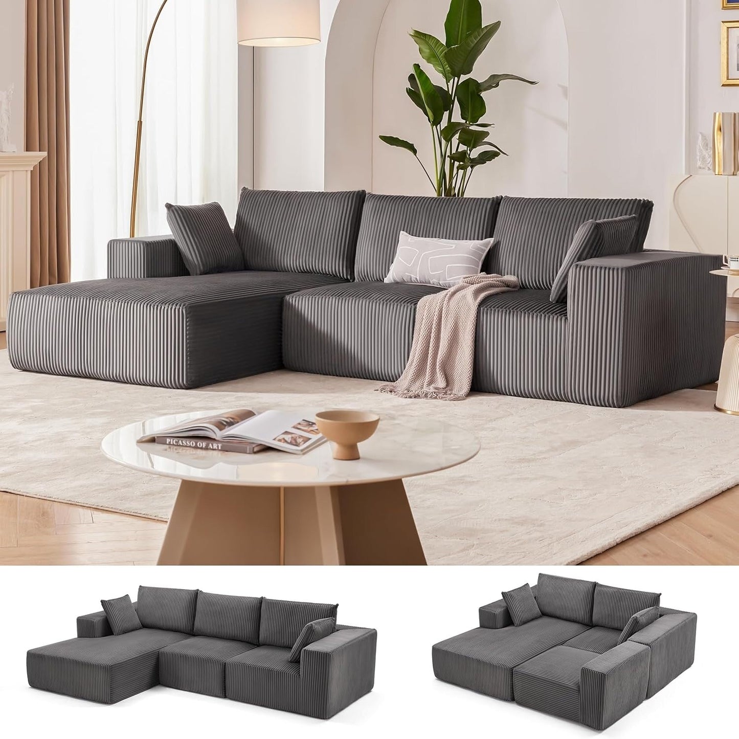 Divano componibile modulare 108 Cloud - Divano a L con seduta profonda e chaise longue, divano imbottito per soggiorno e camera da letto