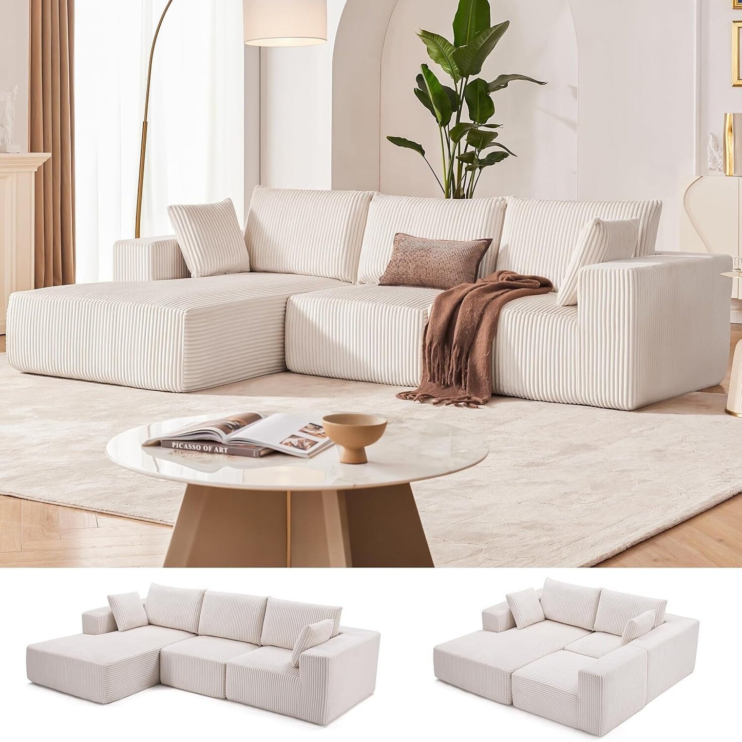 Divano componibile modulare 108 Cloud - Divano a L con seduta profonda e chaise longue, divano imbottito per soggiorno e camera da letto
