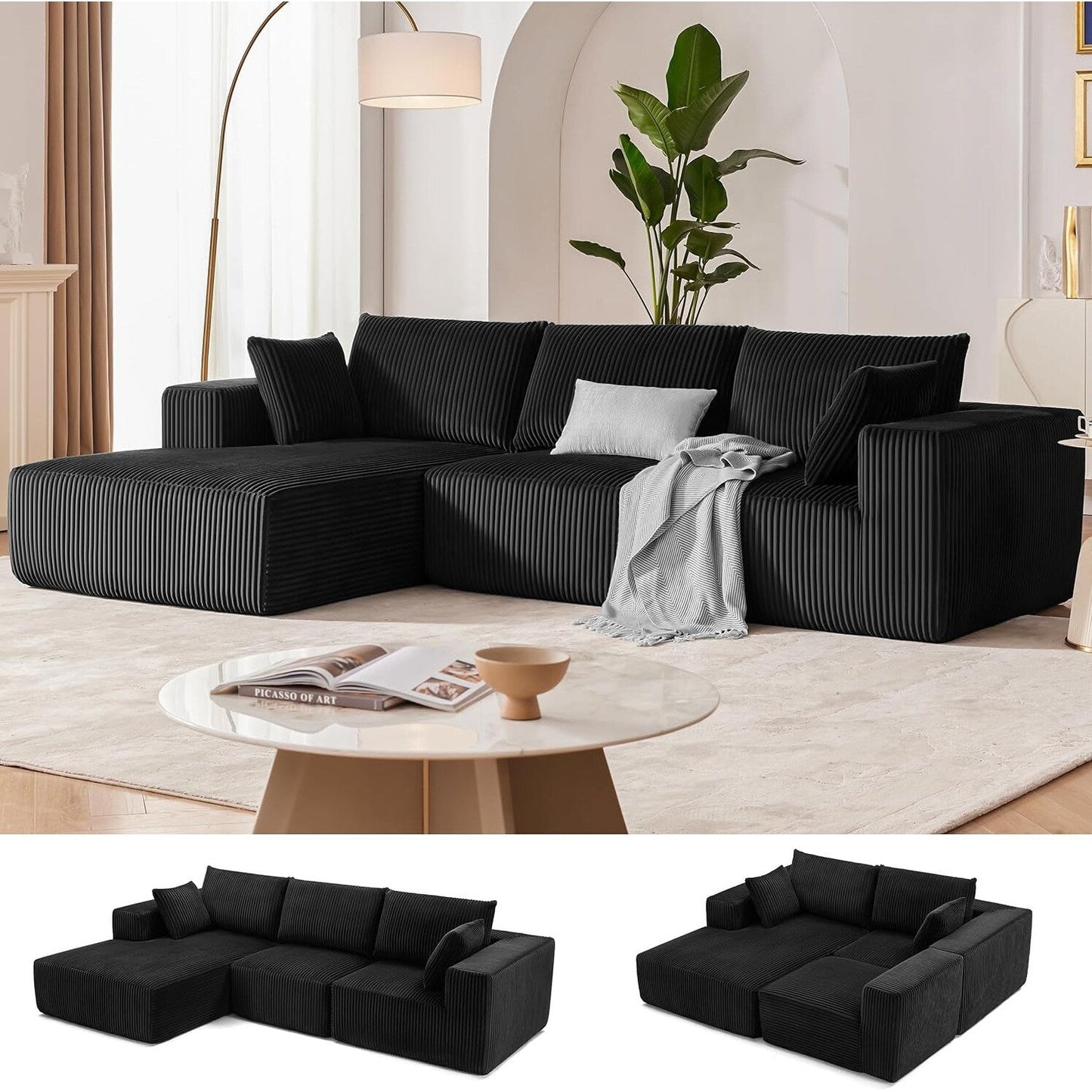 Divano componibile modulare 108 Cloud - Divano a L con seduta profonda e chaise longue, divano imbottito per soggiorno e camera da letto